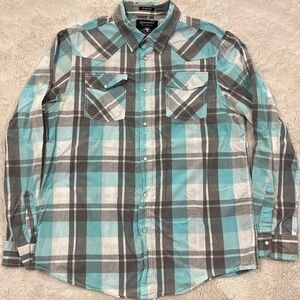 Bluenotes | Teal, White & Gray Plaid Button-Down Shirt Slim Fit | Size XL